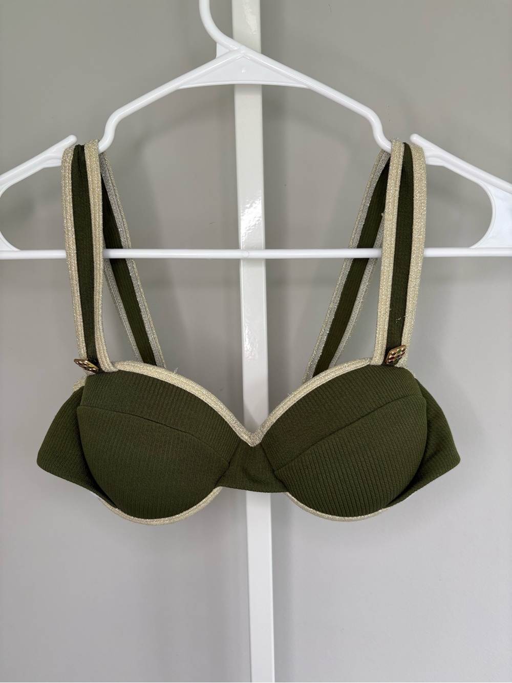 Maiyo x Natalie Off Duty Marina Stone Bikini Top Olive Green Gold Trim S